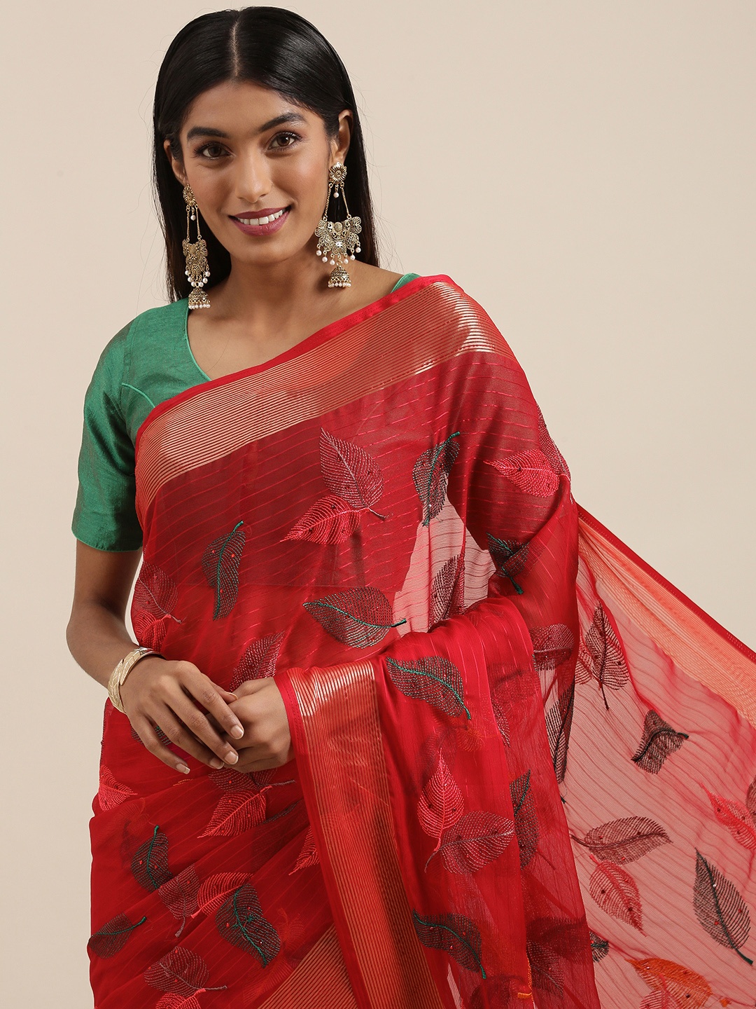 

Shaily Red & Green Floral Embroidered Saree