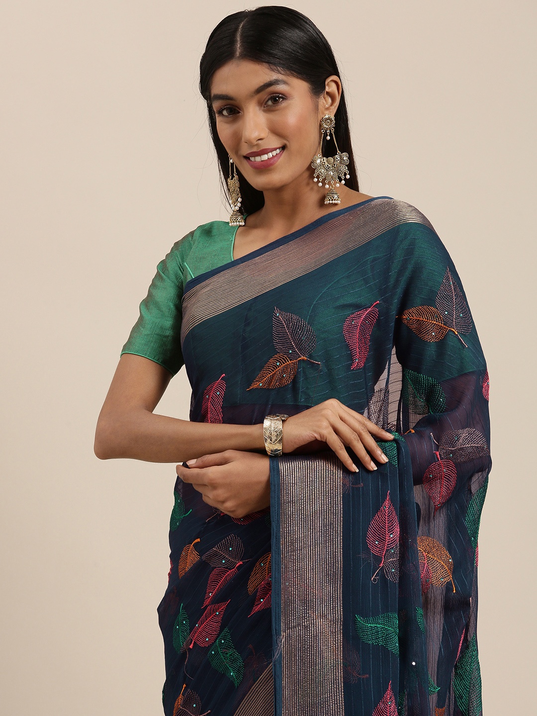

Shaily Navy Blue & Pink Floral Embroidered Saree