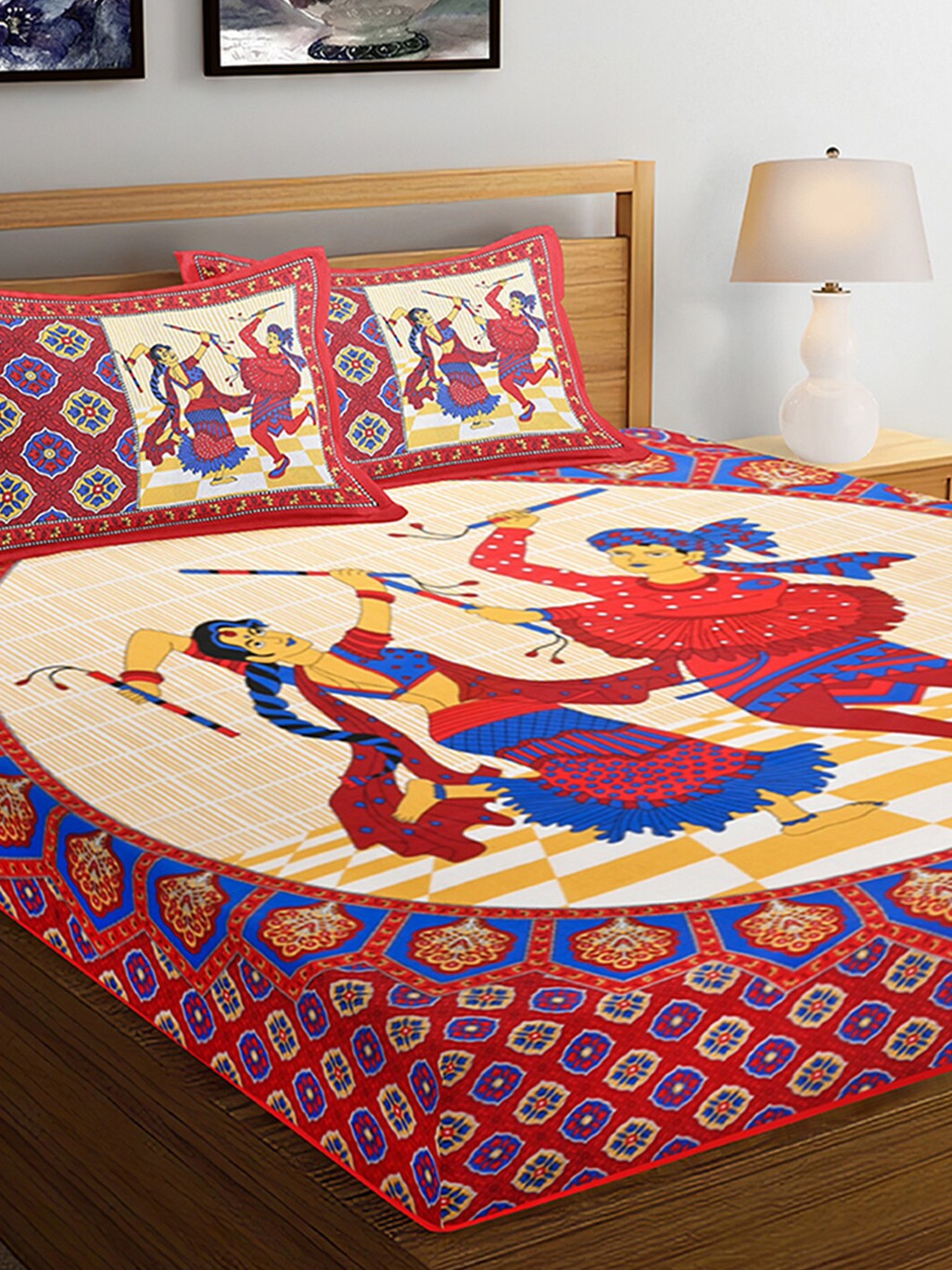 

Ispace Red AROMA 104 TC Cotton Jaipuri Queen Bedsheet With 2 Pillow Covers