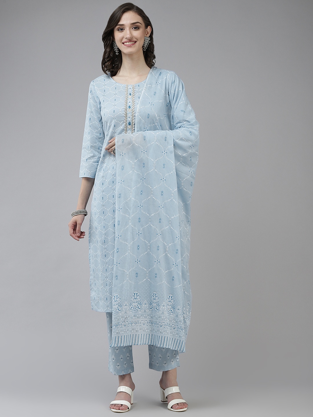 

Yufta Women Blue Ethnic Motifs Printed Gotta Patti Cotton Kurta with Trousers & Dupatta