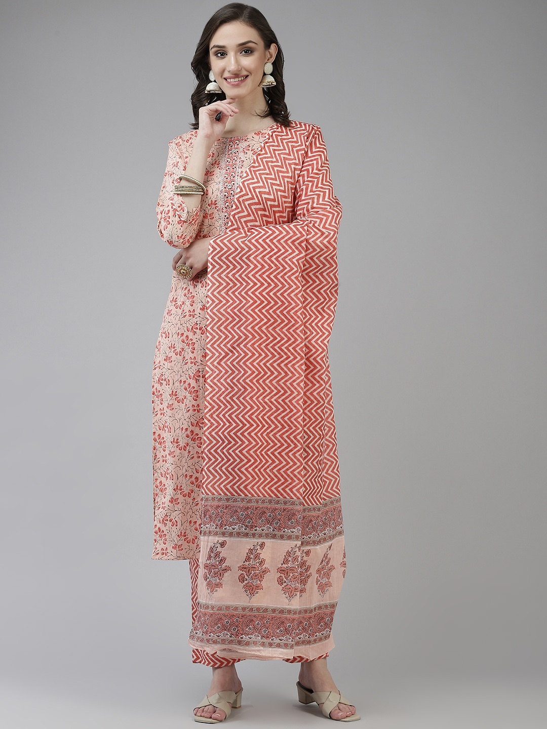 

Yufta Women Pink Floral Printed Gotta Patti Pure Cotton Kurta with Palazzos & Dupatta