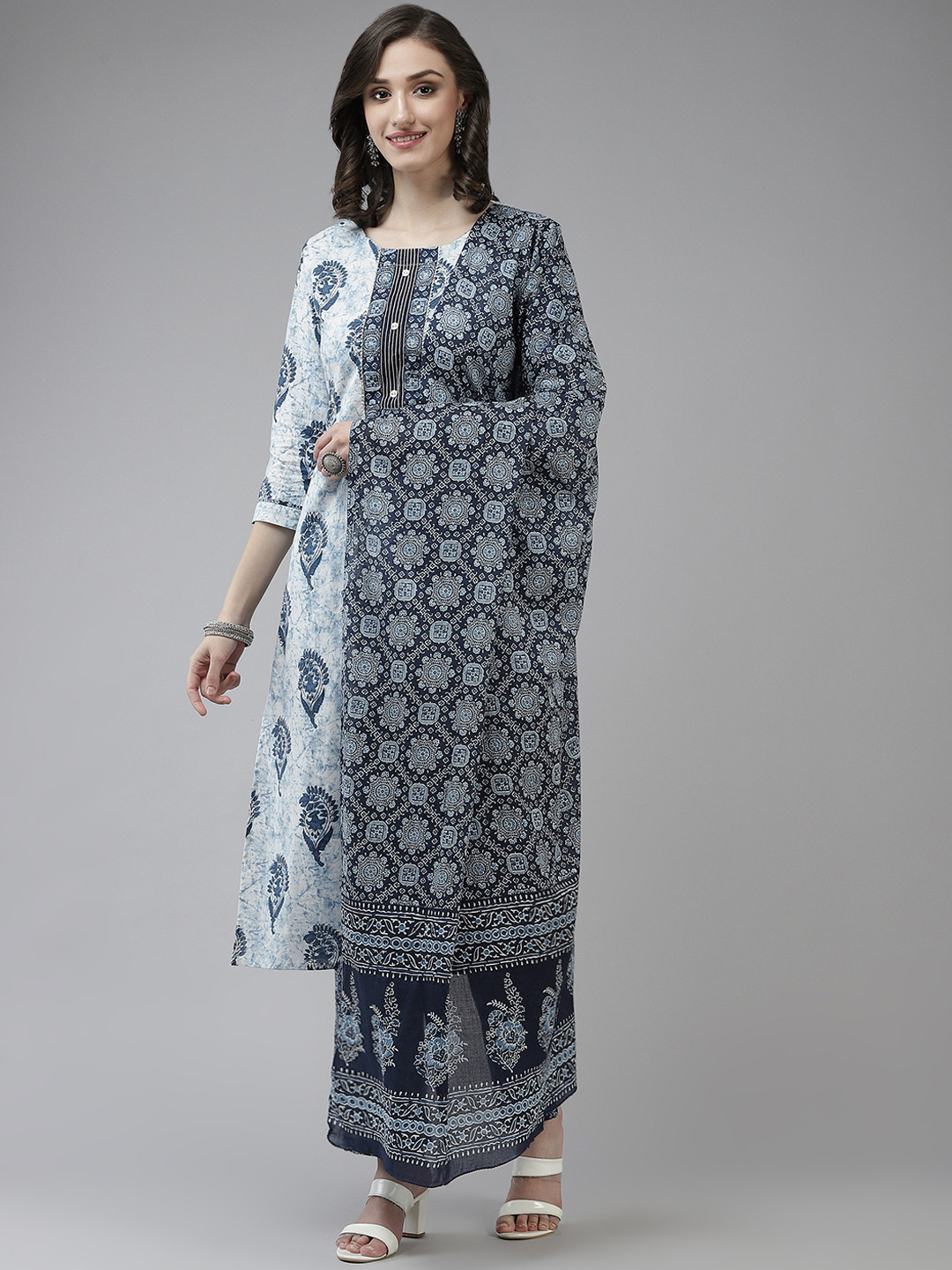 

Yufta Women White & Blue Ethnic Motifs Printed Gotta Patti Kurta with Trousers & Dupatta