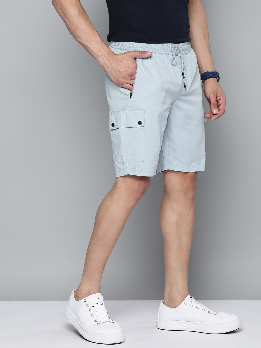 

Mast & Harbour Men Pure Cotton Regular Fit Cargo Shorts, Blue