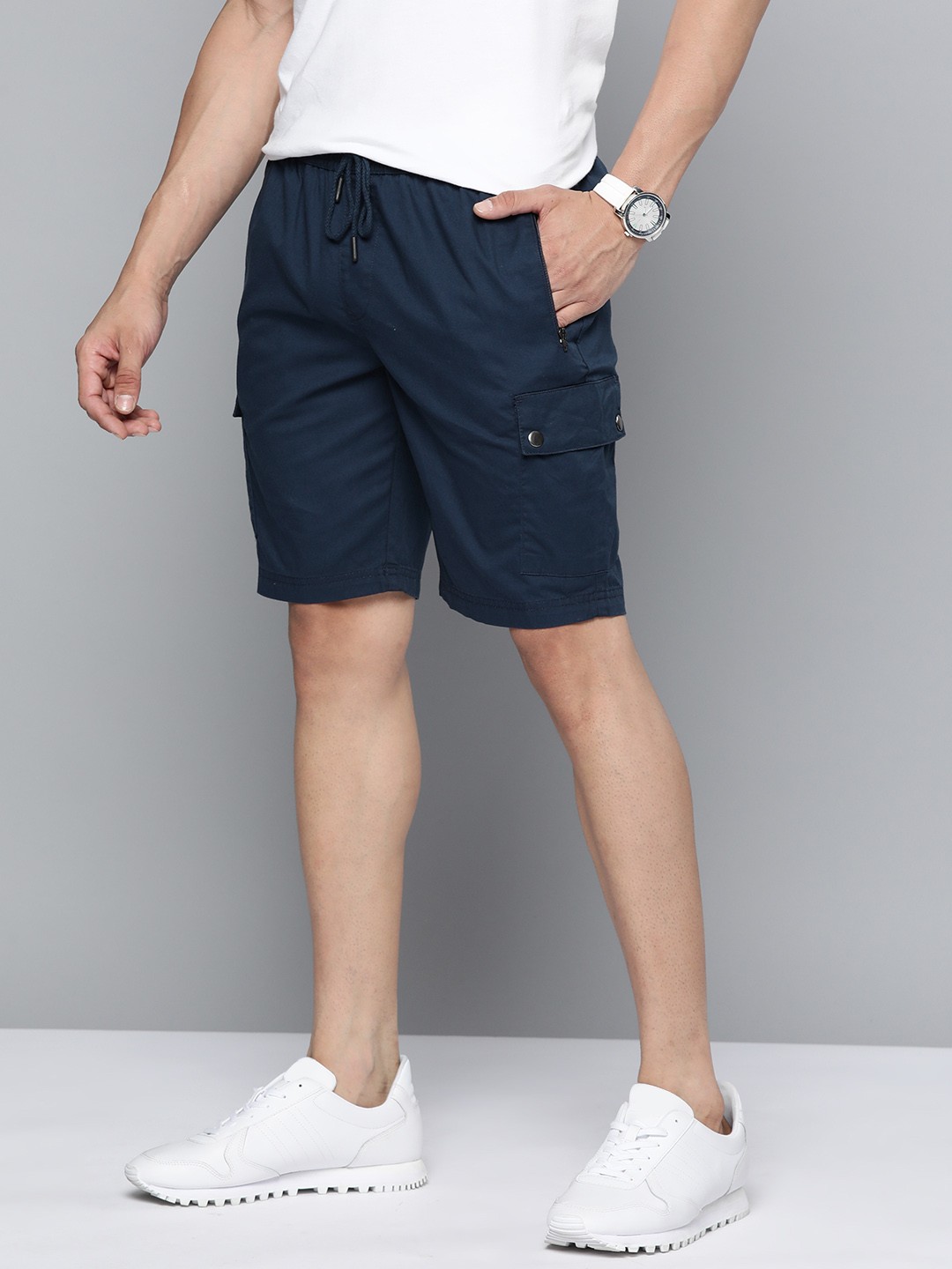

Mast & Harbour Men Navy Blue Solid Pure Cotton Cargo Shorts