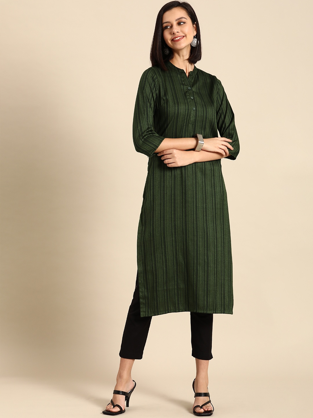 

Anouk Women Green Striped Kurta