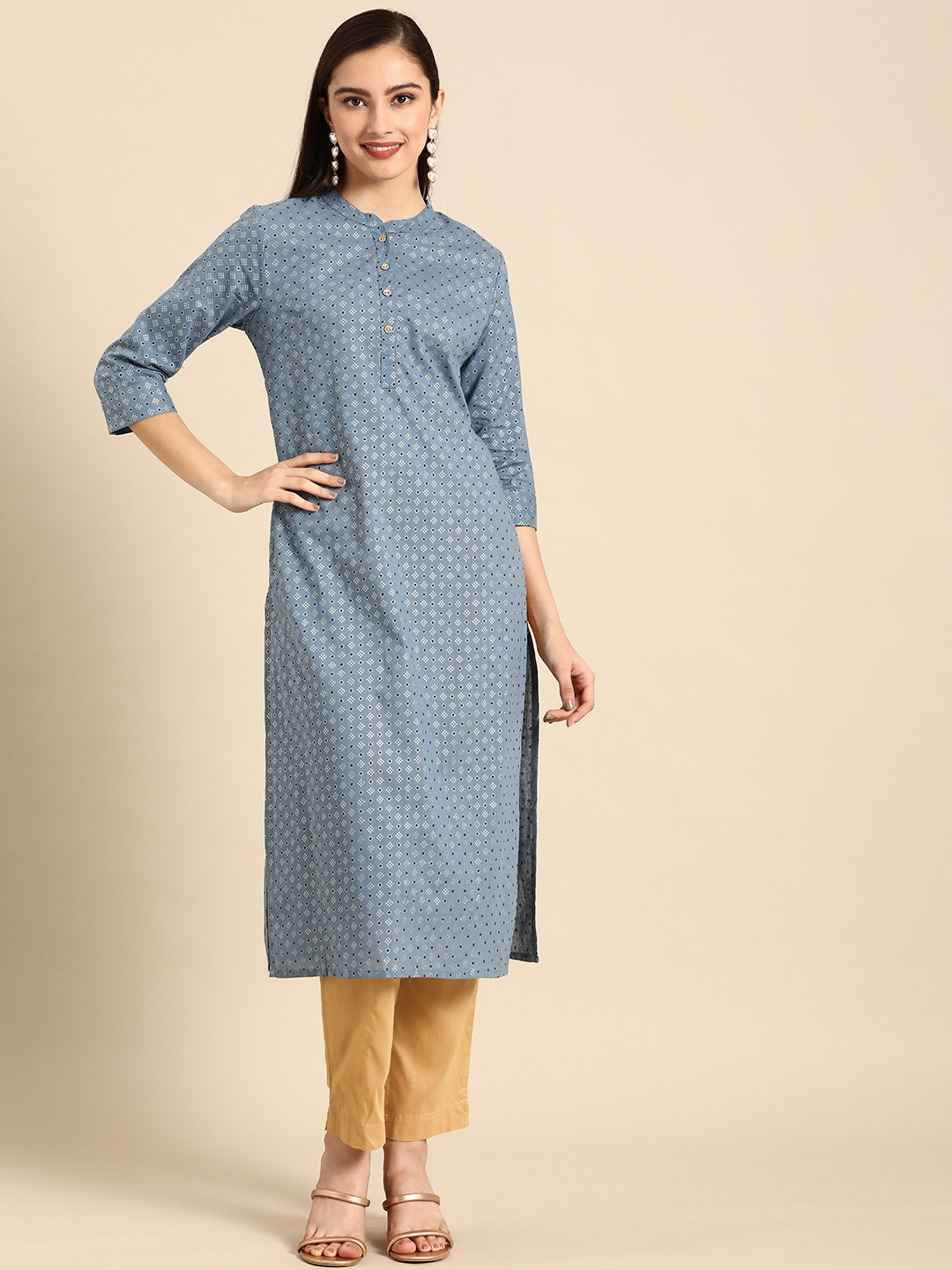 

Anouk Women Blue & Silver Ethnic Motifs Foil Printed Cotton Kurta