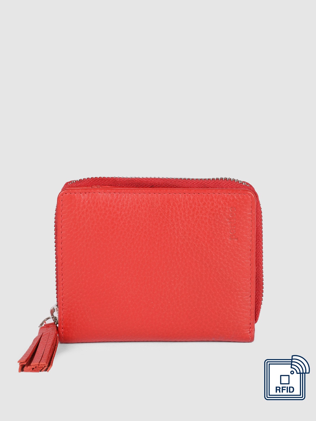 

PORTLEE Women Coral Red Textured Leather Zip Around Wallet