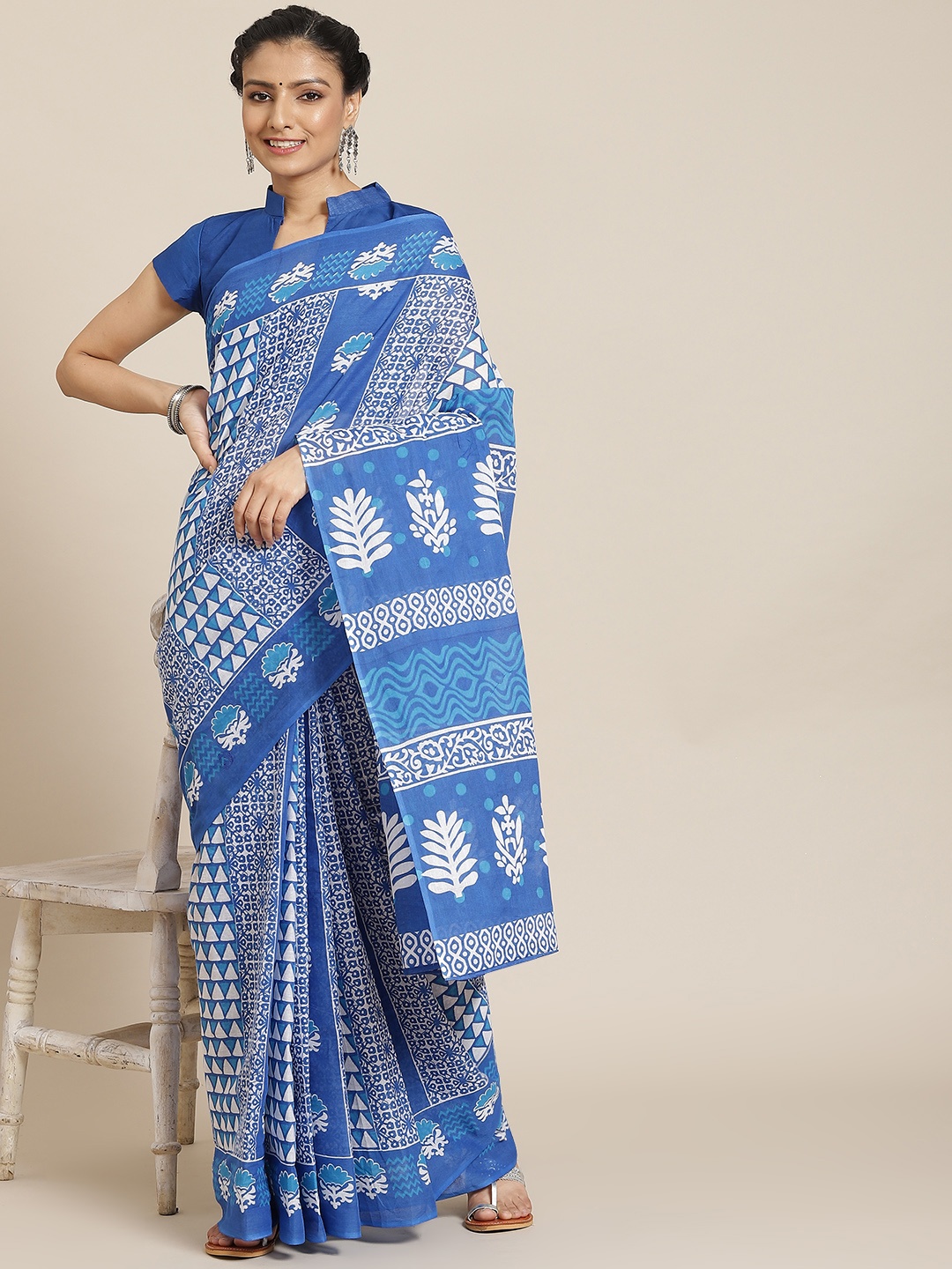 

Satrani Blue & White Ikat Saree