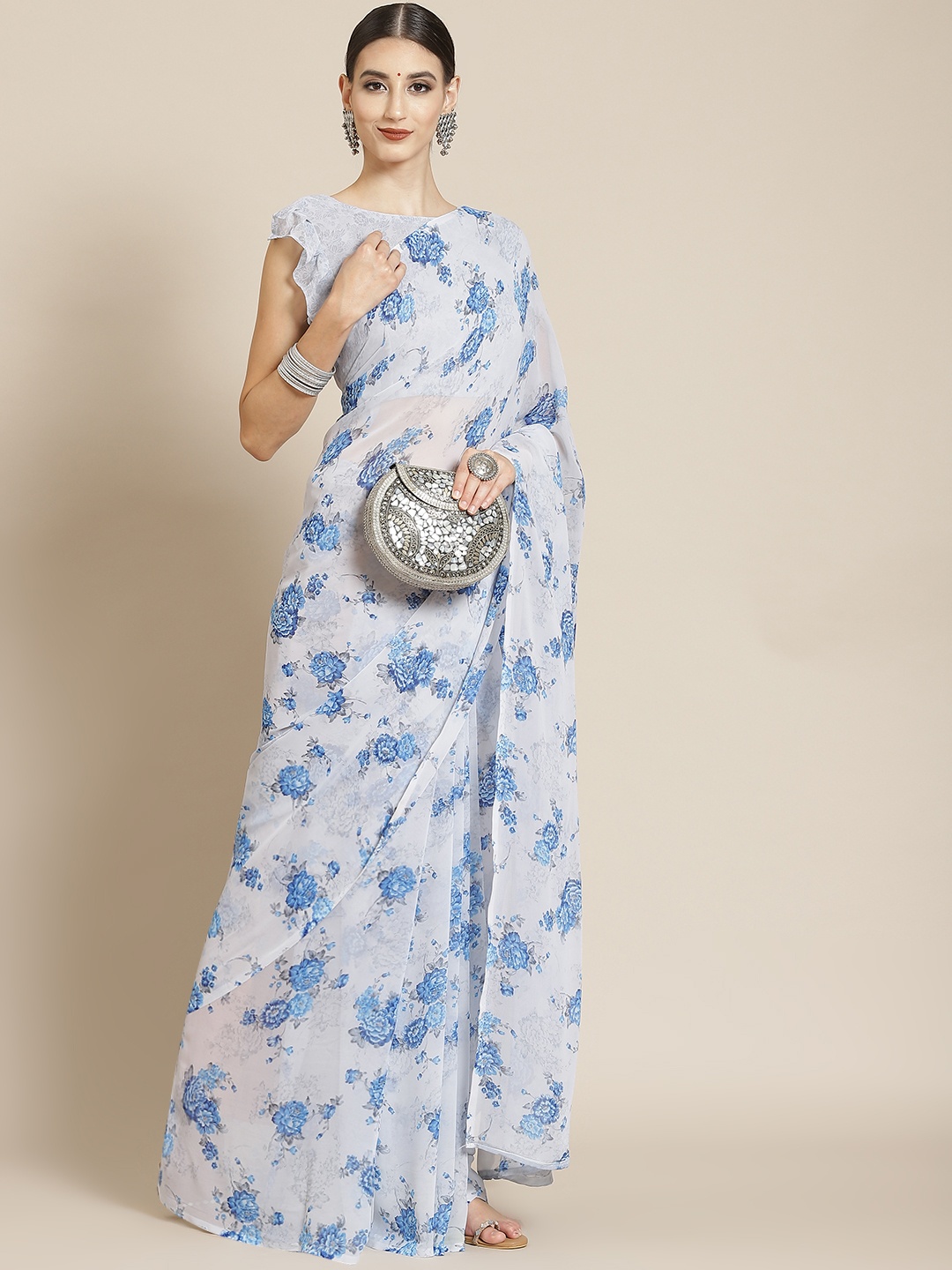 

Satrani Grey & Blue Floral Saree
