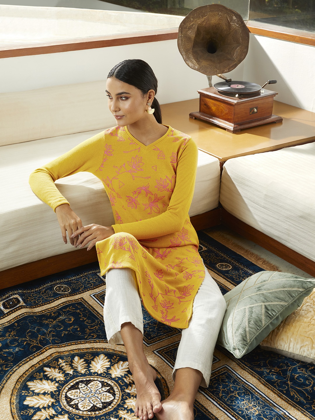 

Anouk Women Mustard Yellow & Pink Floral Printed Straight Winter Kurta
