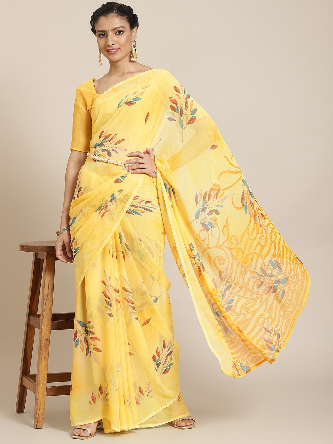 

Satrani Yellow Floral Saree