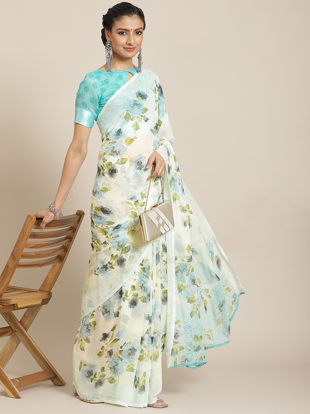 

Satrani Blue & White Floral Saree