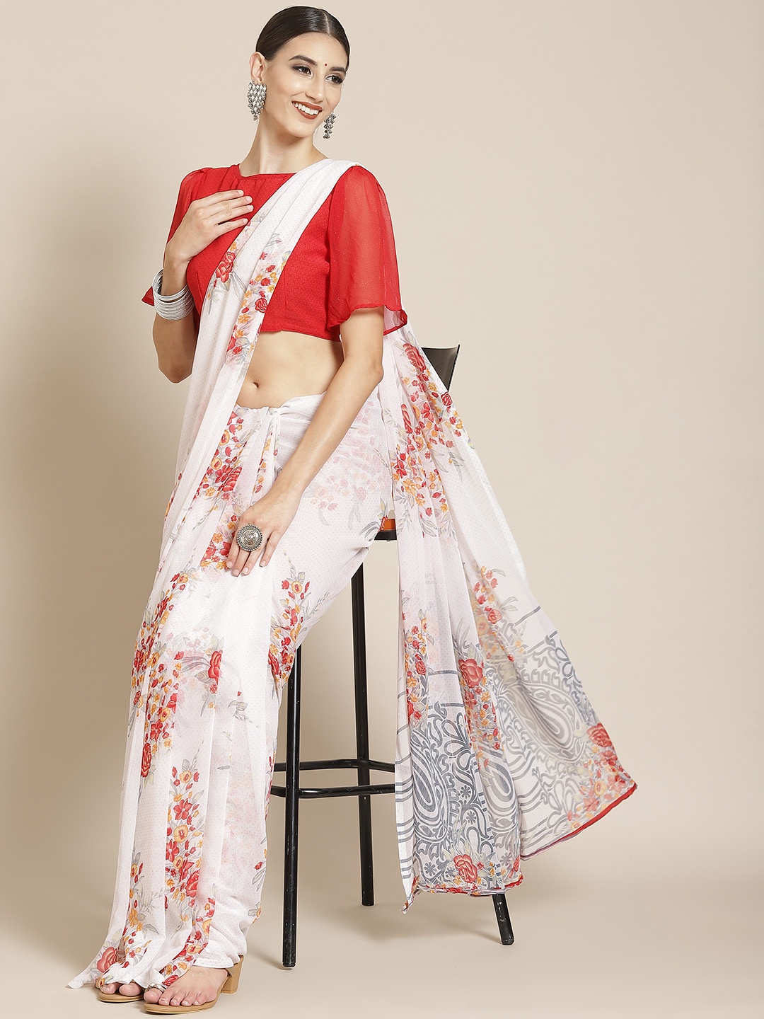

Satrani White & Red Floral Saree