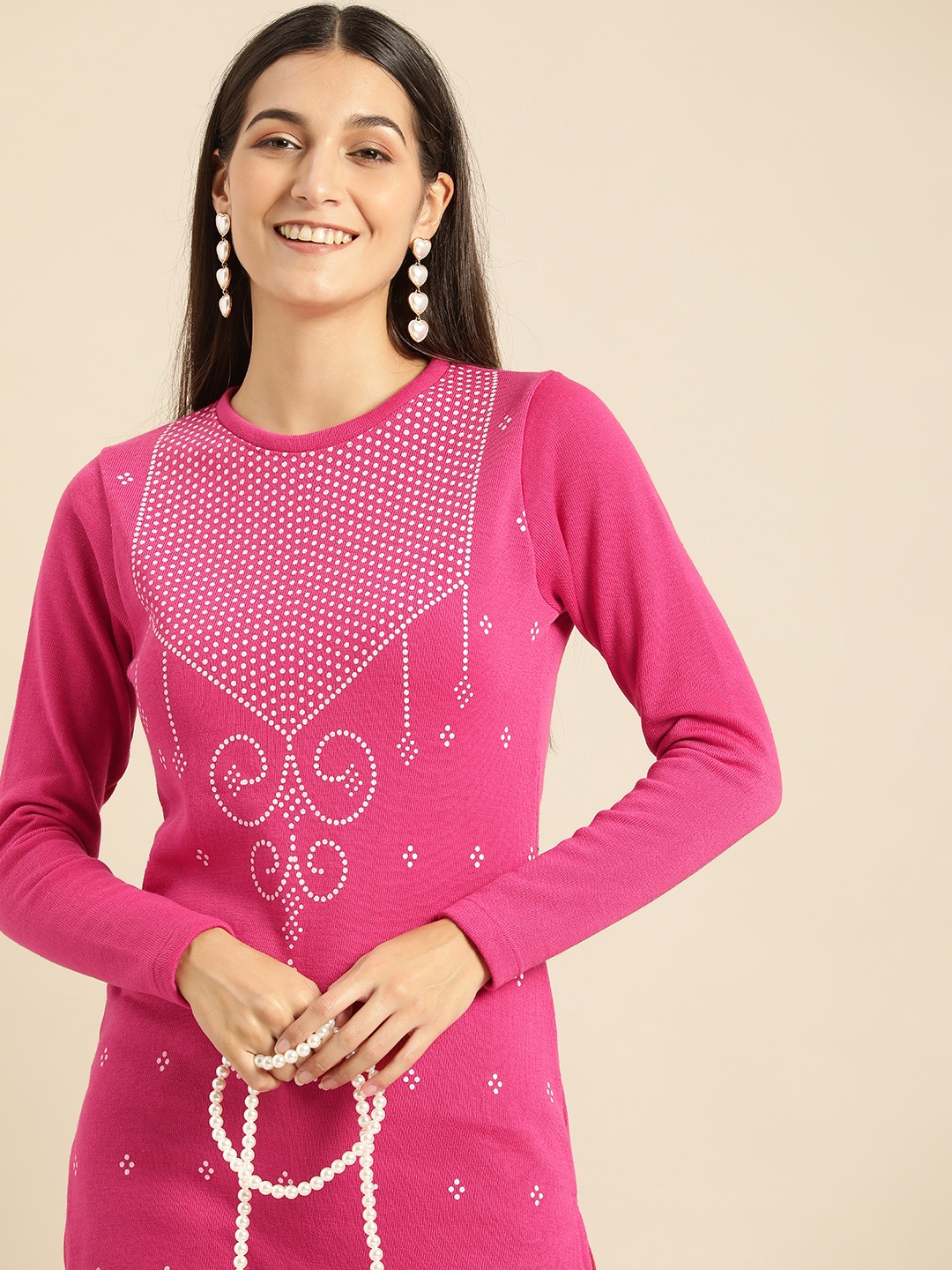 

Anouk Women Pink & White Ethnic Motifs Printed Winter Kurta