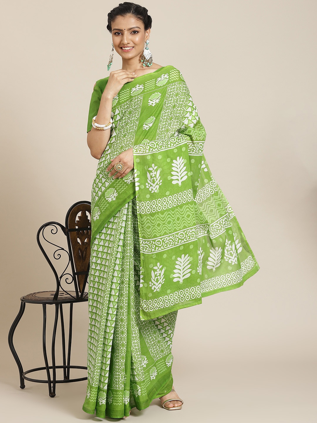 

Satrani Green & White Ikat Saree