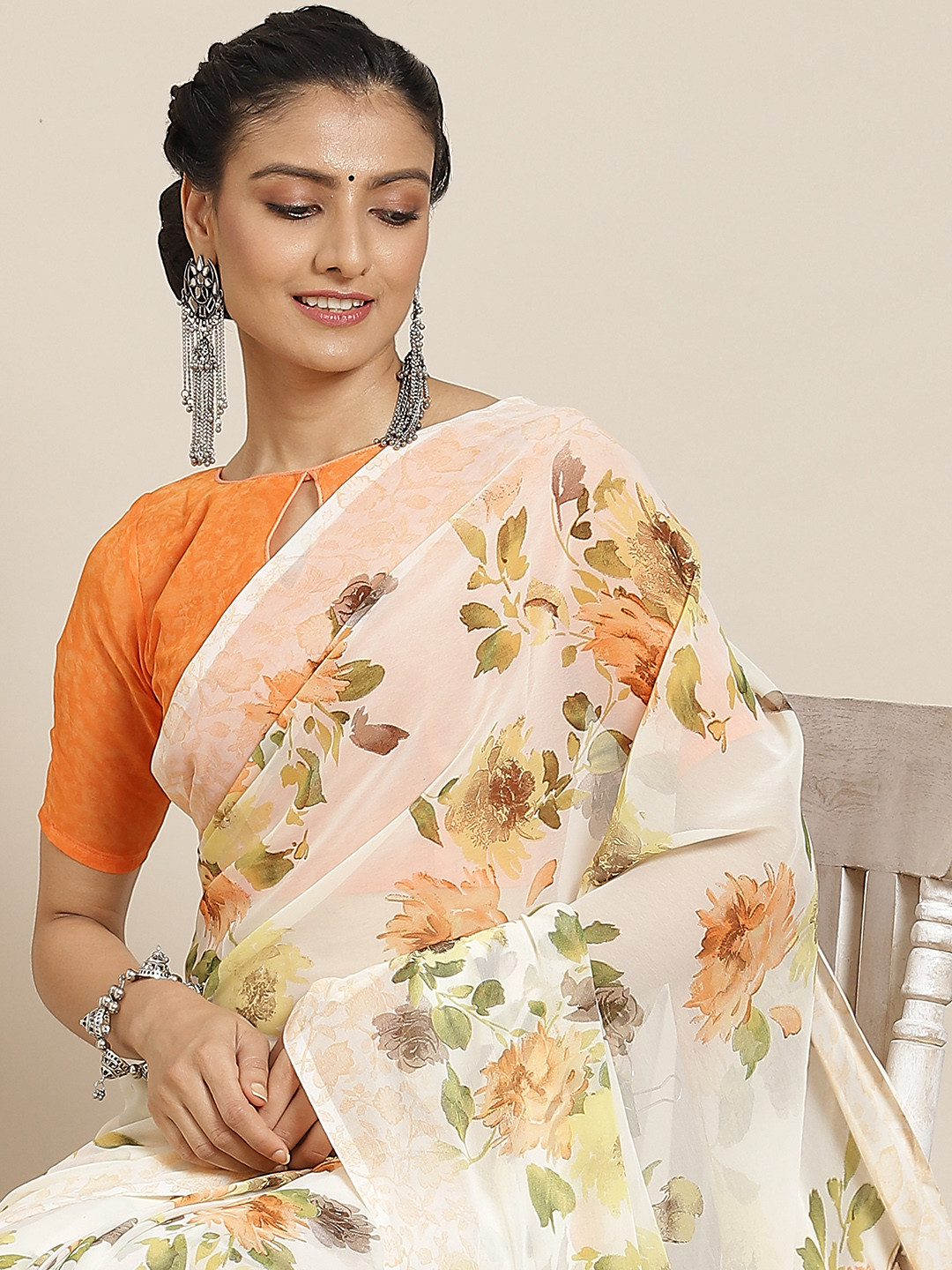 

Satrani Mustard Yellow & White Floral Saree