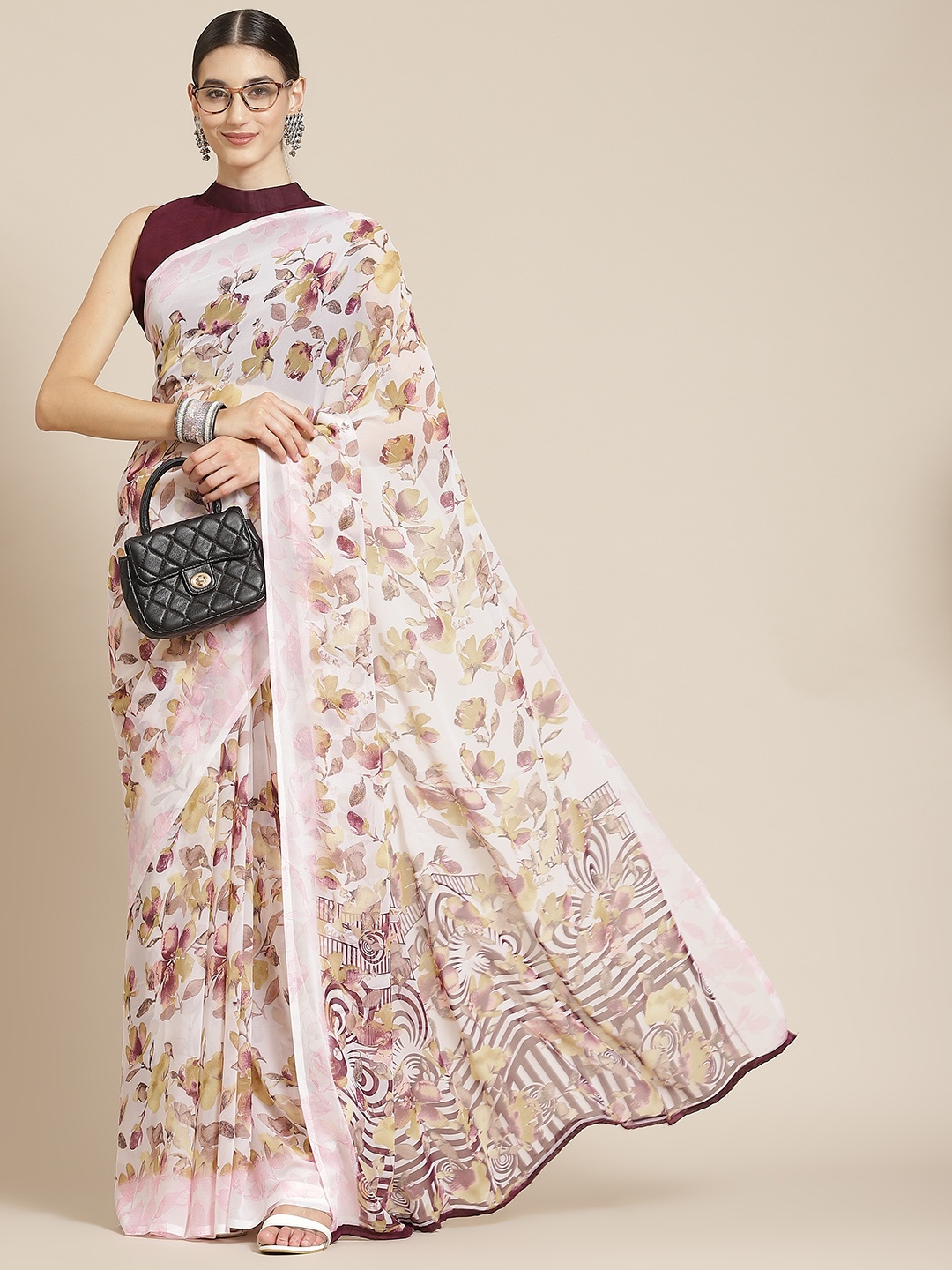 

Satrani Pink & Yellow Floral Saree