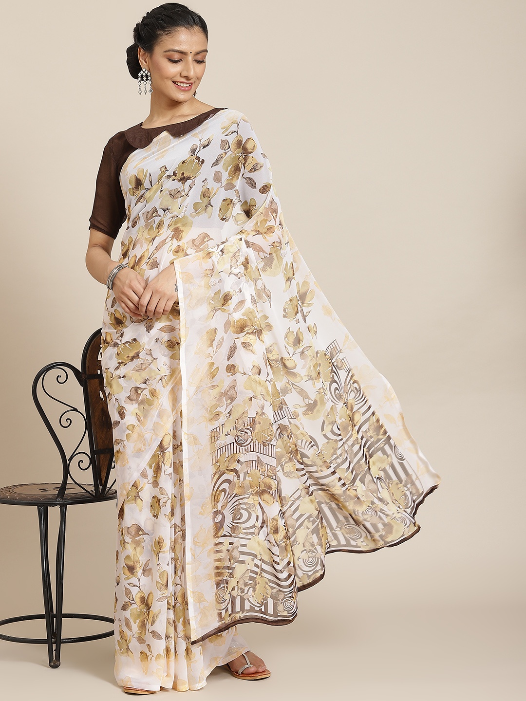 

Satrani White & Yellow Floral Saree