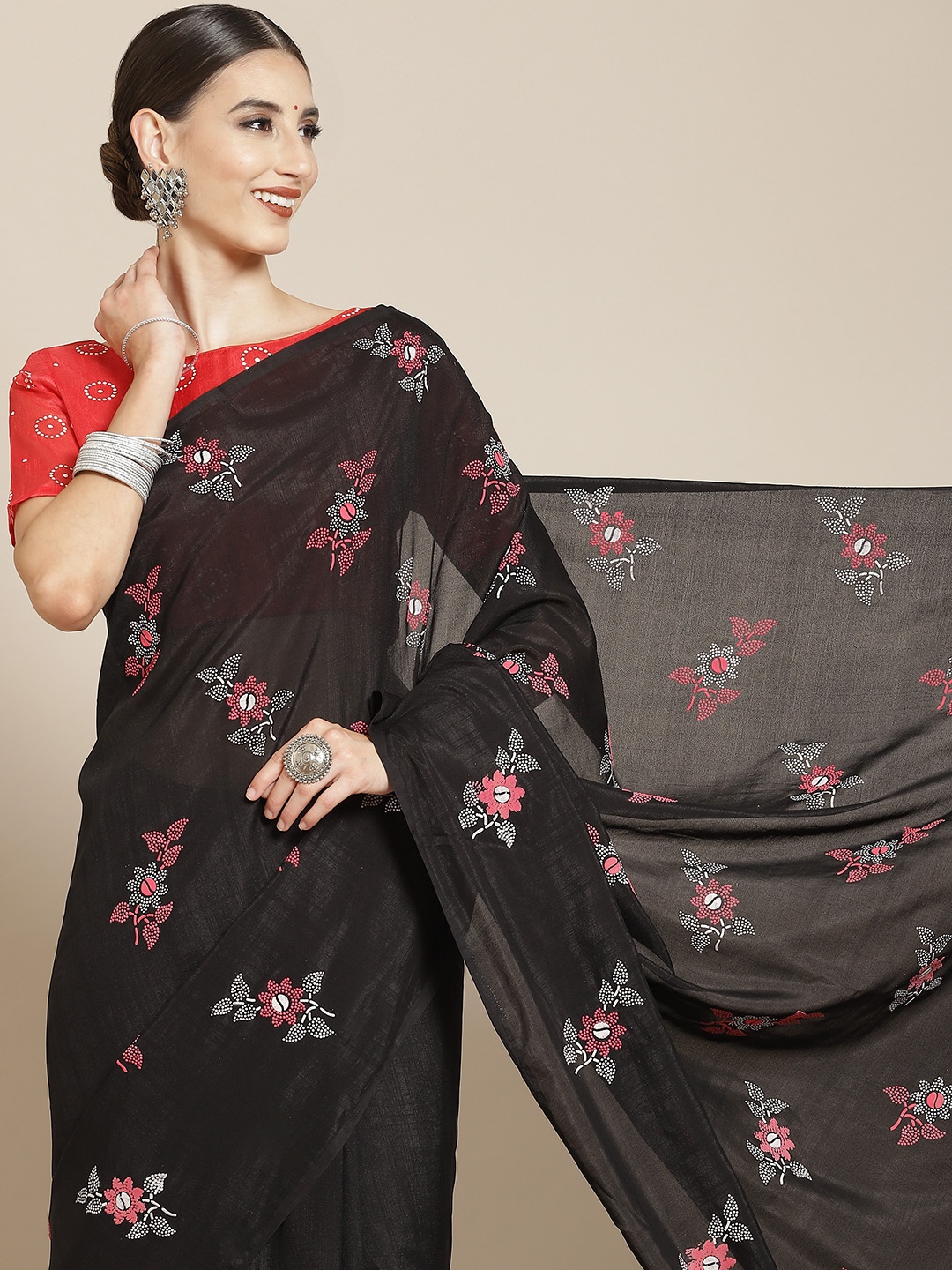 

Satrani Black & Pink Floral Saree