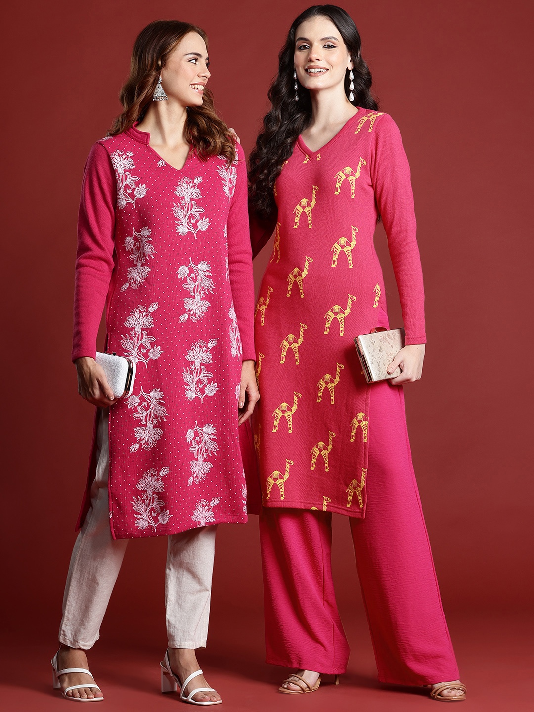 

Anouk Women Pink & Mustard Yellow Quirky Printed Straight Winter Kurta
