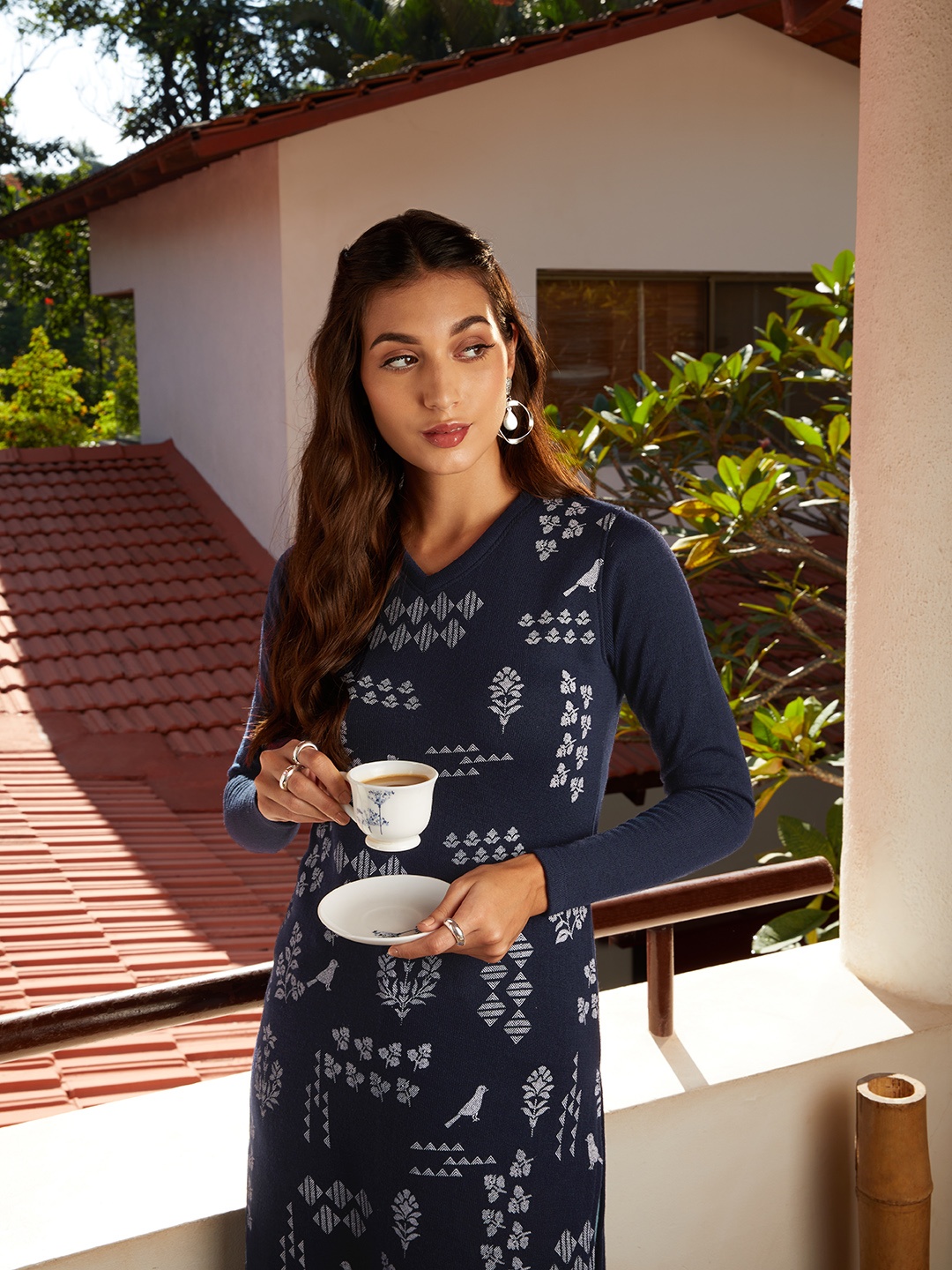 

Anouk Women Navy Blue & White Ethnic Motifs Winter Kurta