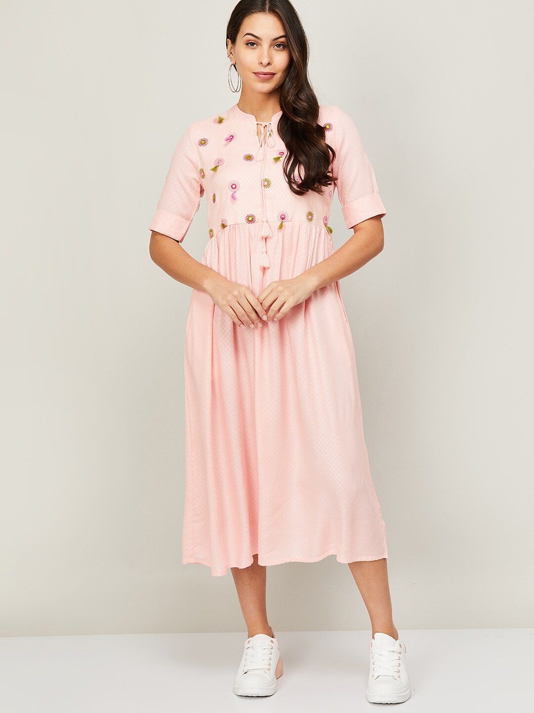 

Colour Me by Melange Pink Floral Embroidered A-Line Midi Dress
