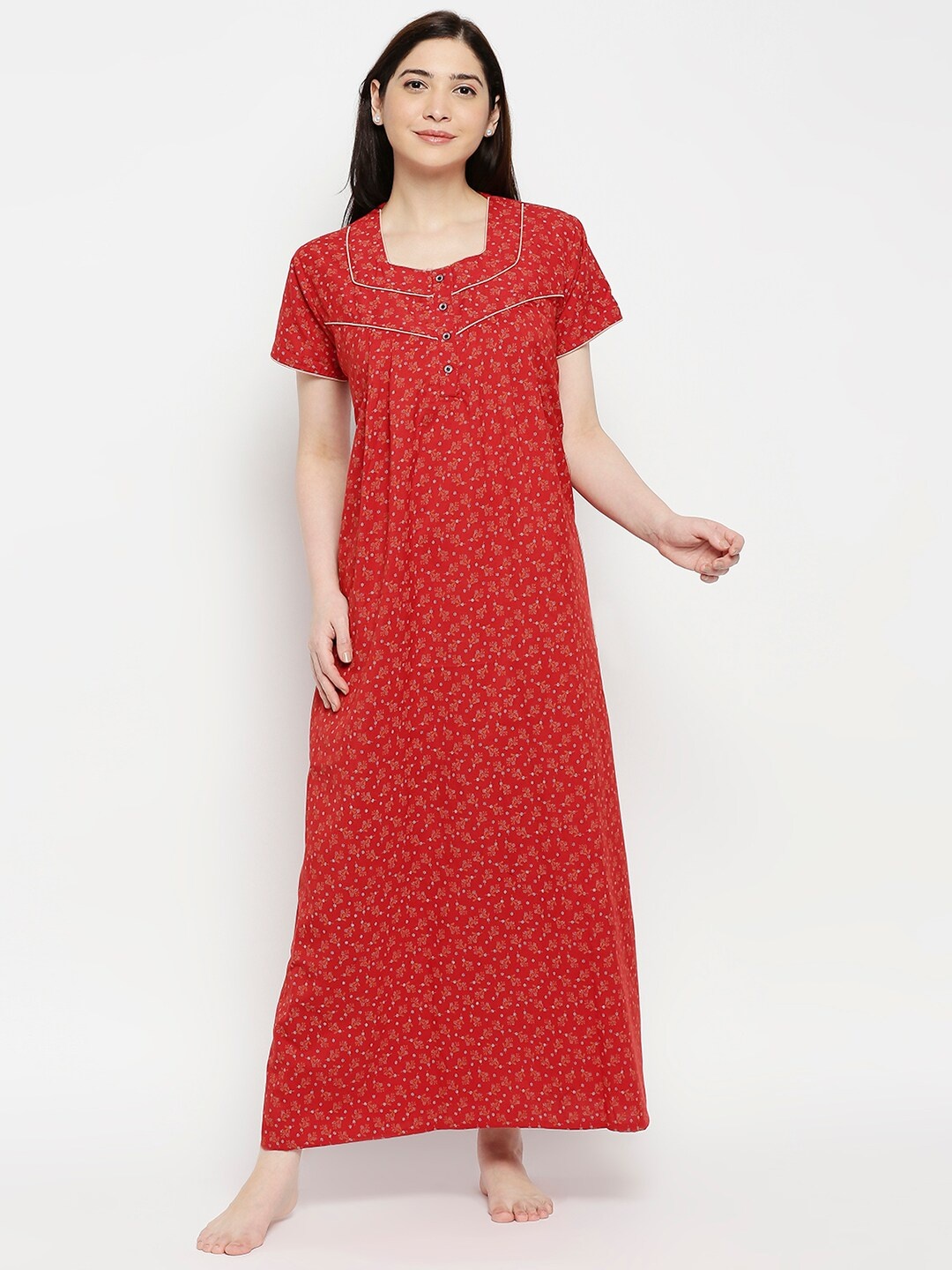 

Pretty Awesome Red Floral Printed Square Neck Maxi Nightdress