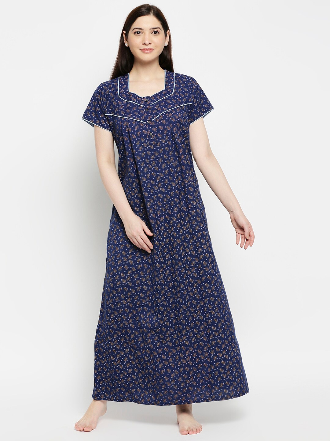 

Pretty Awesome Blue & Brown Floral Printed Maxi Nightdress