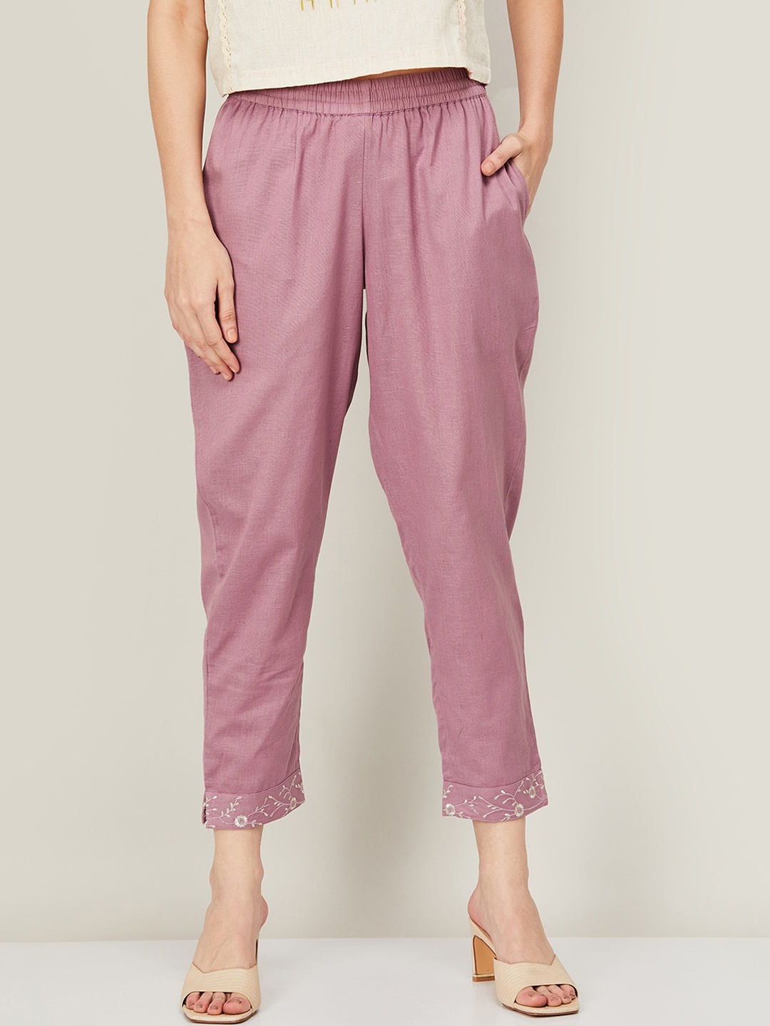 

Melange by Lifestyle Women Mauve High-Rise Cotton Trousers
