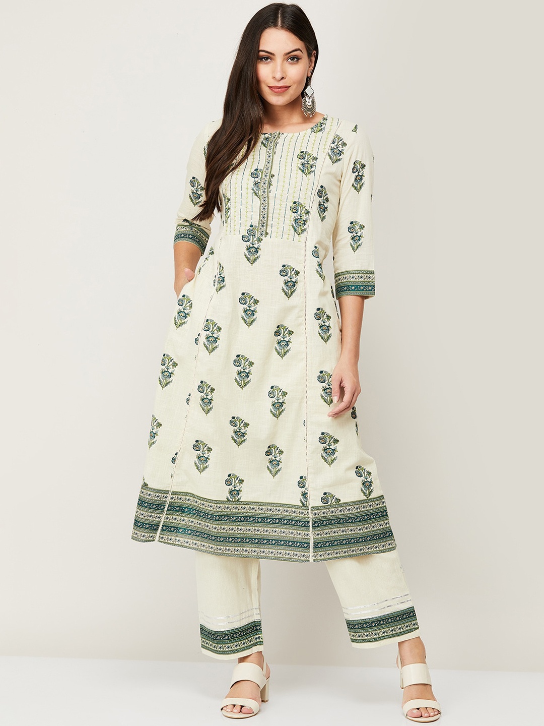 

Melange by Lifestyle Women Beige Ethnic Motifs Panelled Pure Cotton Kurta with Trousers