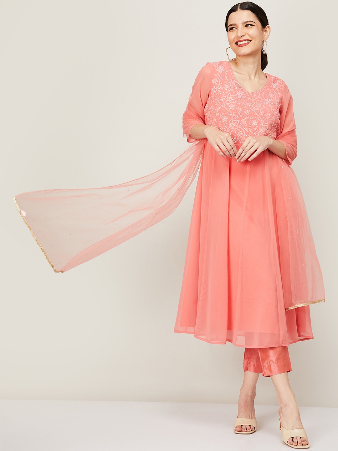 

Melange by Lifestyle Women Coral Floral Embroidered Pleated Kurta with Trousers & With Dupatta