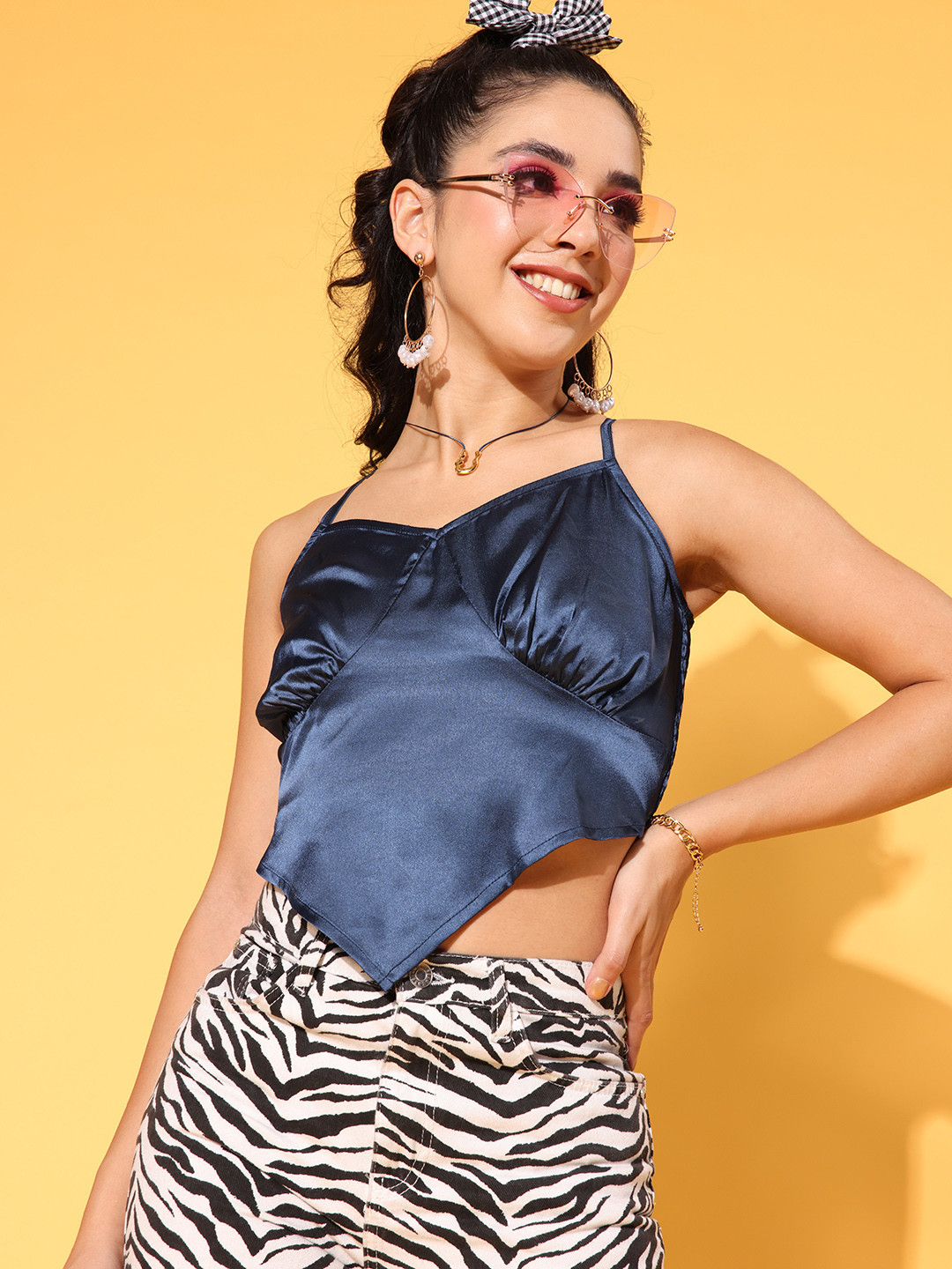 

Antheaa Blue Satin Crop Top