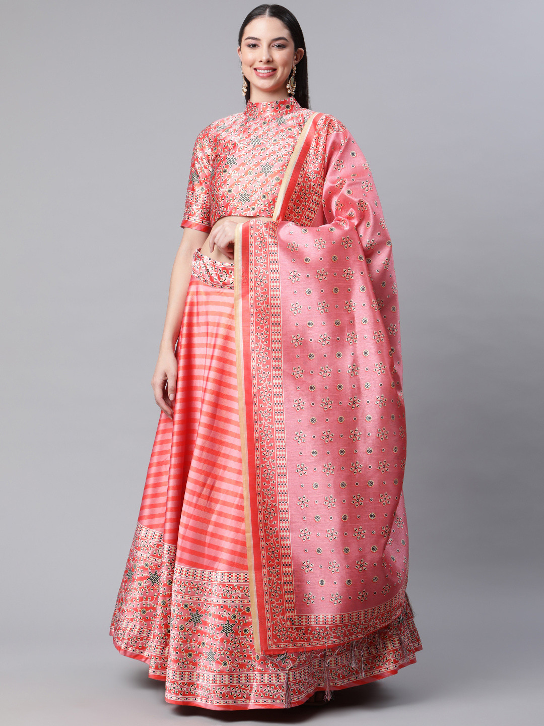 

SHUBHVASTRA Pink Printed Unstitched Lehenga & Blouse With Dupatta
