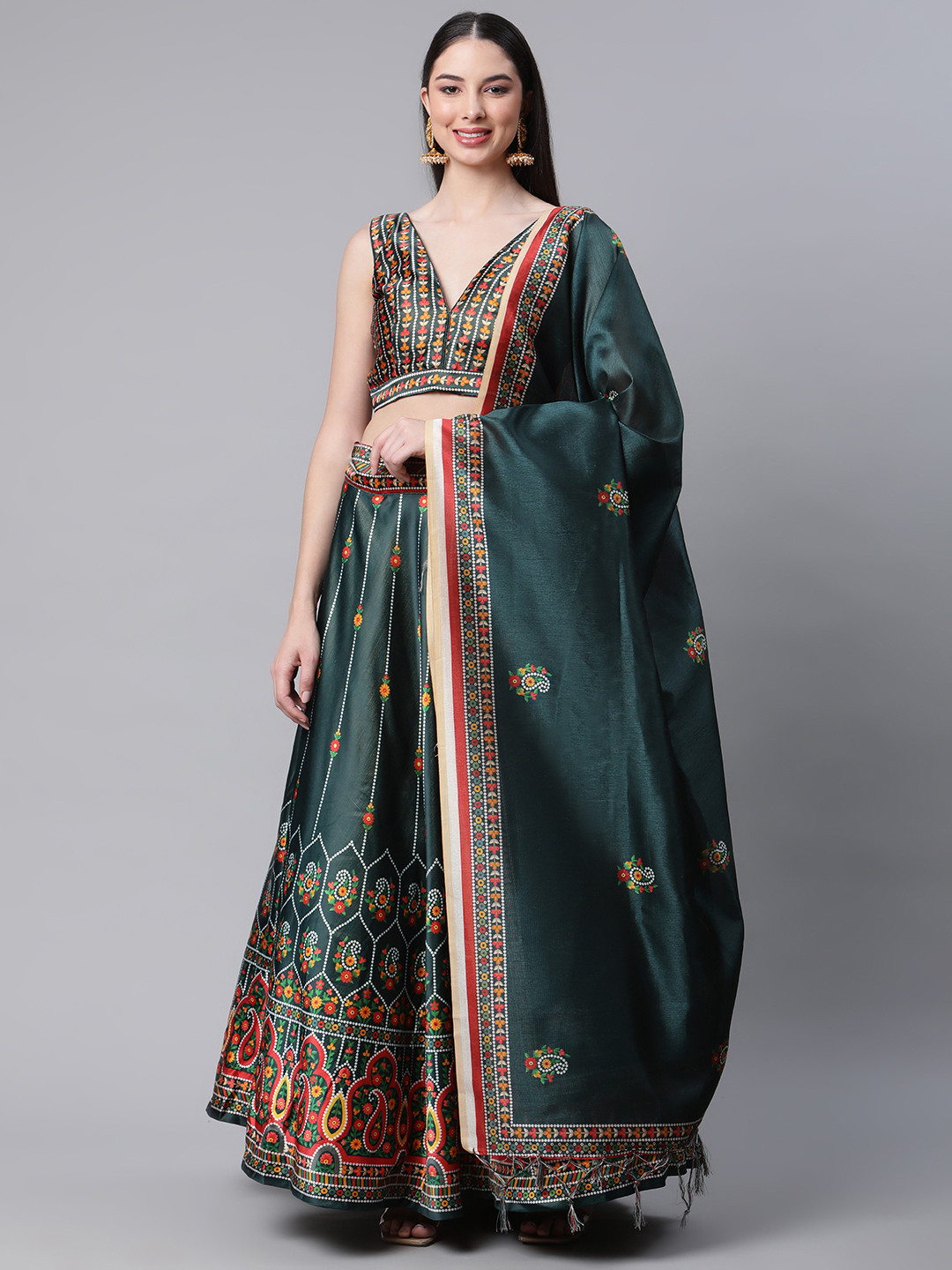 

SHUBHVASTRA Green & Red Printed Unstitched Lehenga & Blouse With Dupatta