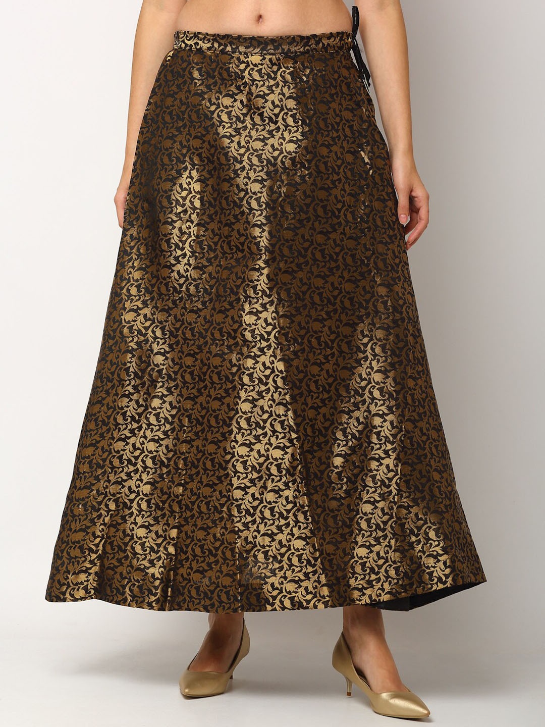 

Miaz Lifestyle Women Black & Gold-Toned Printed Ethnic Maxi Flared Skirt