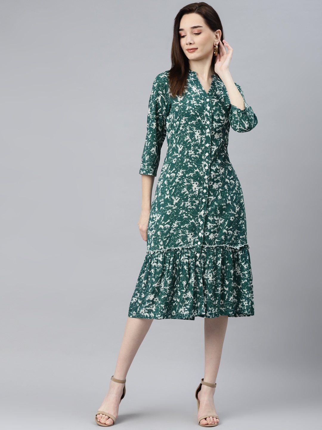 

Ayaany Green & White Floral A-Line Cotton Maxi Dress