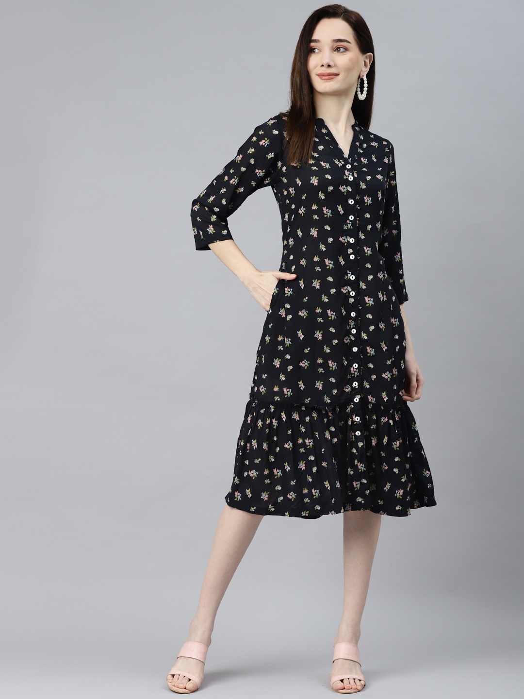

Ayaany Black Floral Cotton A-Line Midi Dress