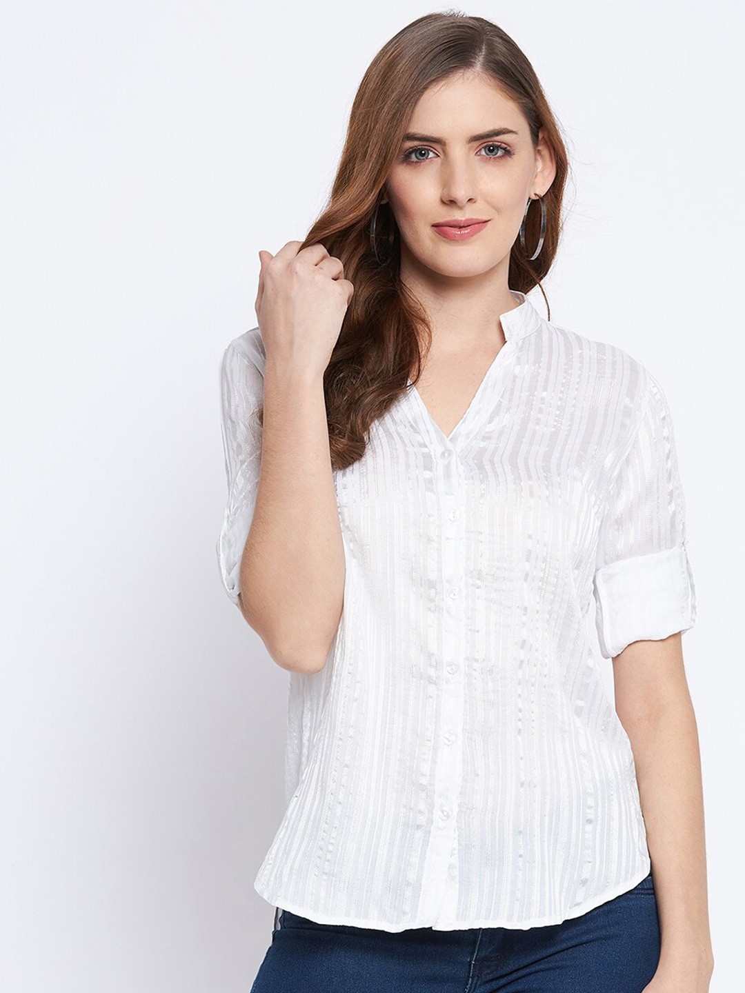 

Ruhaans Women White Classic Striped Casual Shirt