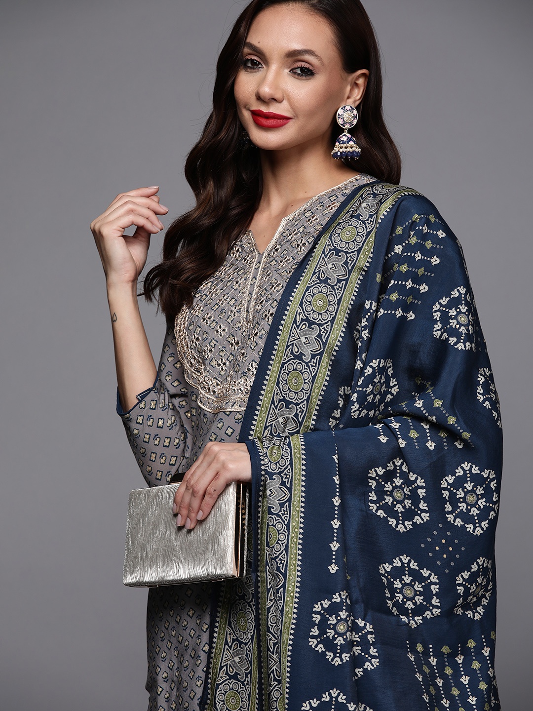 

Indo Era Women Grey Ethnic Motifs Embroidered Kurta with Palazzos & Dupatta