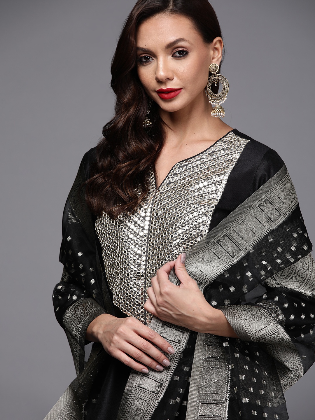 

Indo Era Women Black & Silver Yoke Design Mirror Work Kurta with Palazzos & Dupatta