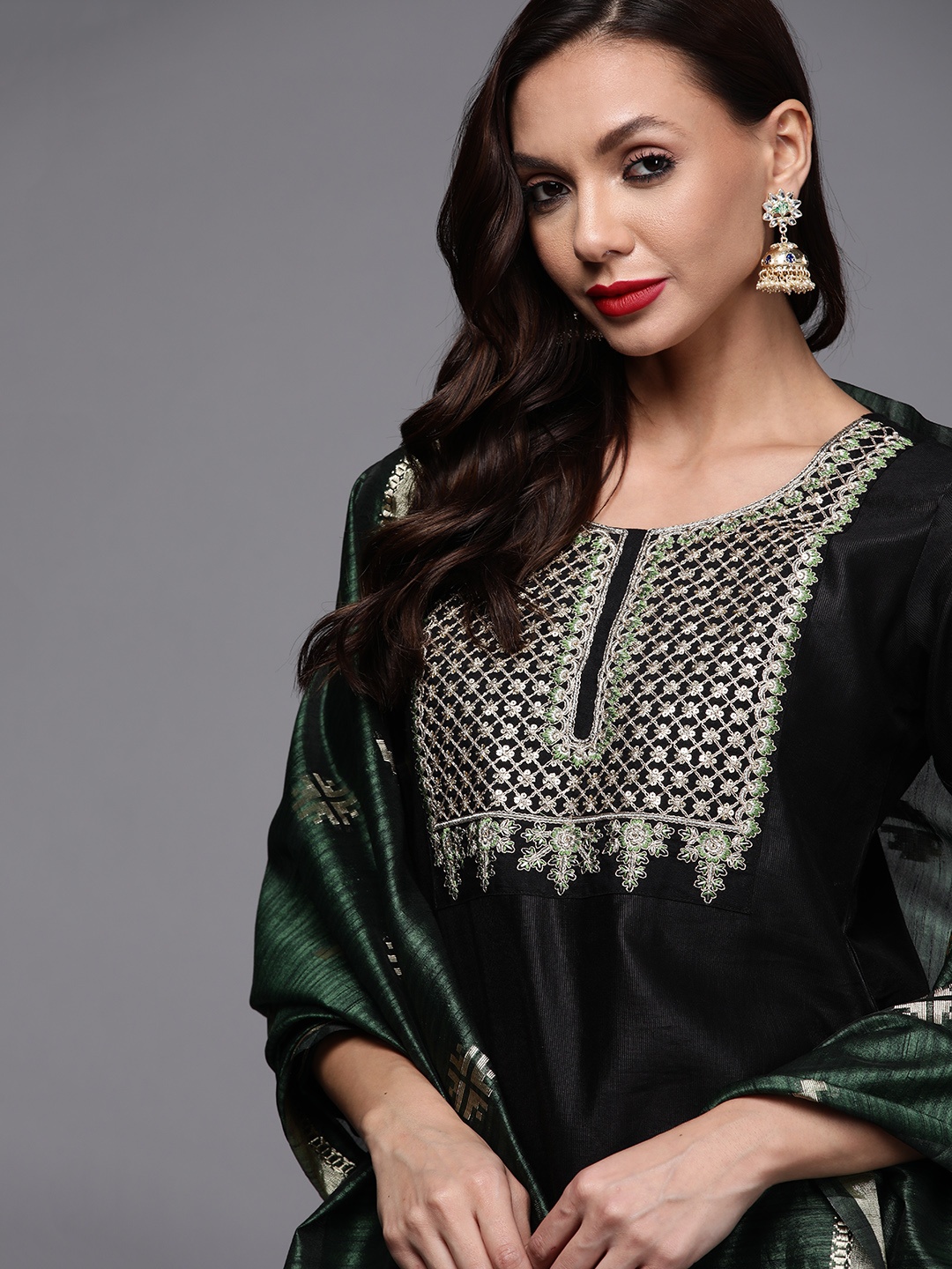 

Indo Era Women Black Yoke Design Sequinned Liva Kurta with Palazzos & Dupatta