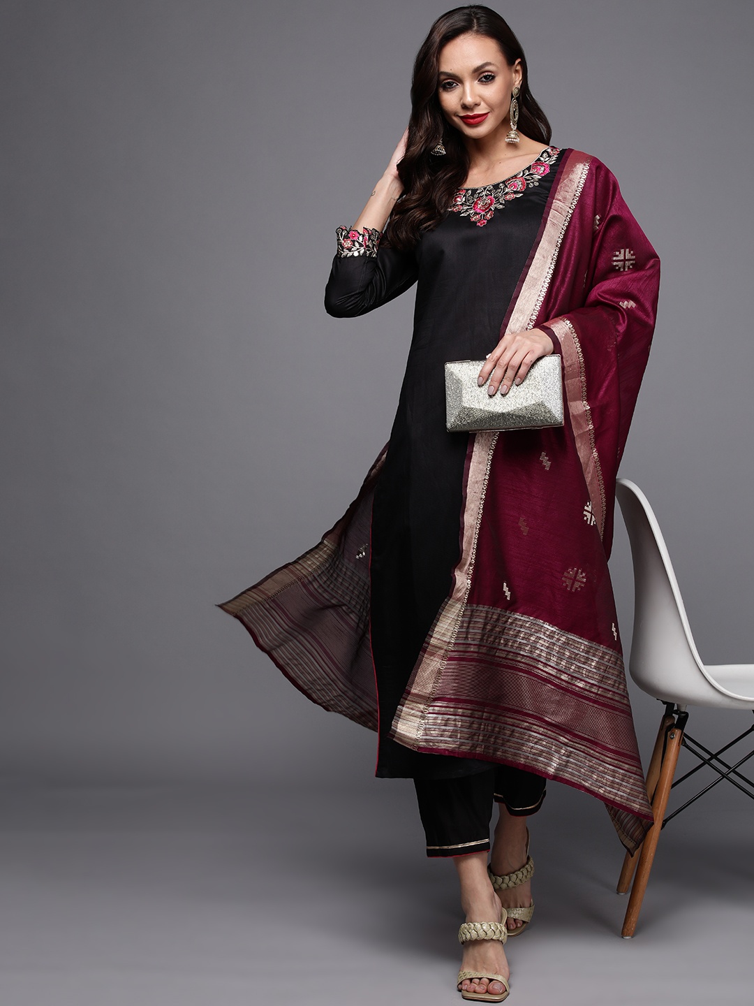 

Indo Era Women Black Embroidered Sequinned Liva Kurta with Trousers & Dupatta