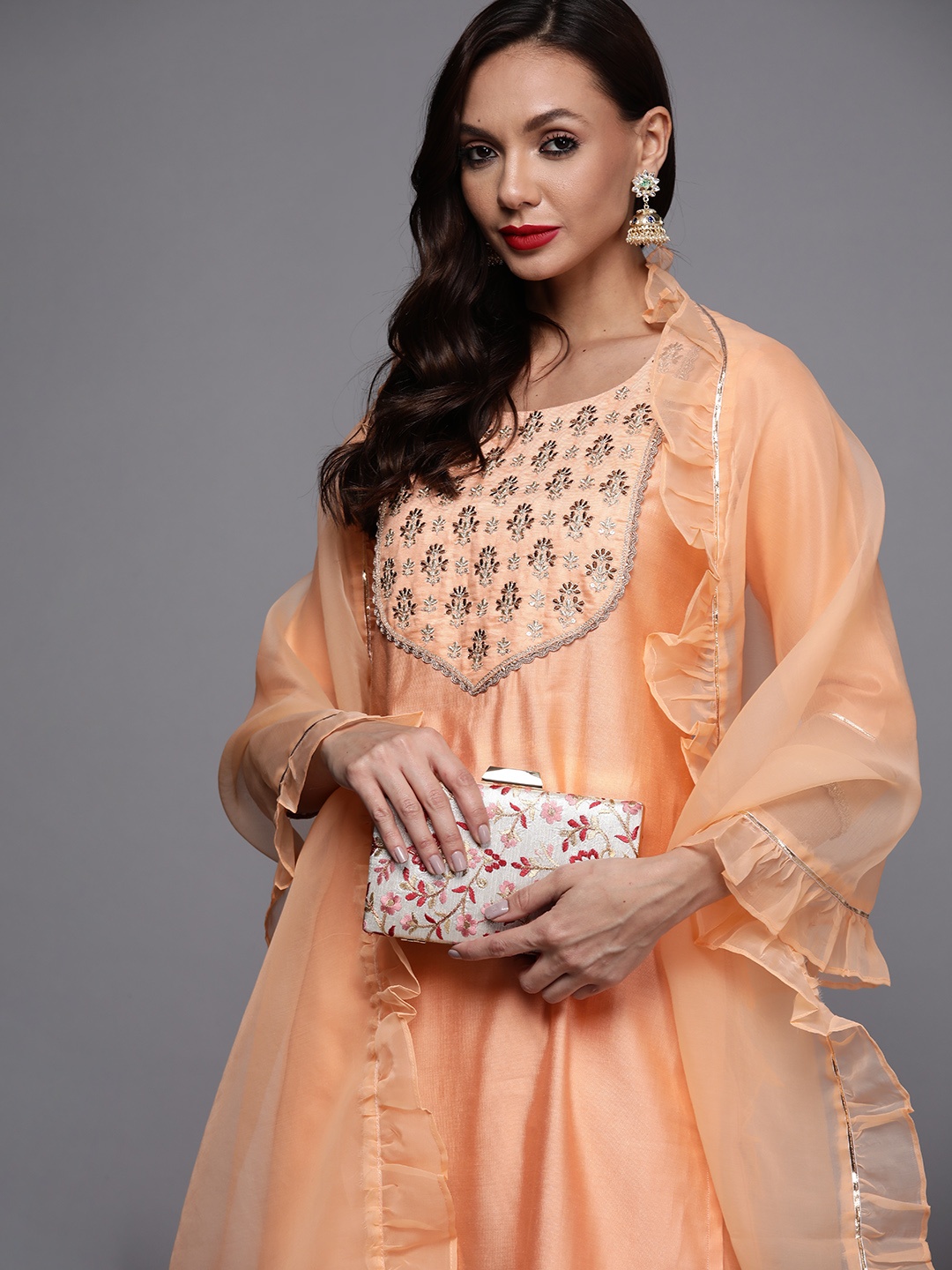 

Indo Era Women Peach-Coloured Yoke Design Sequinned Liva Kurta with Palazzos & Dupatta