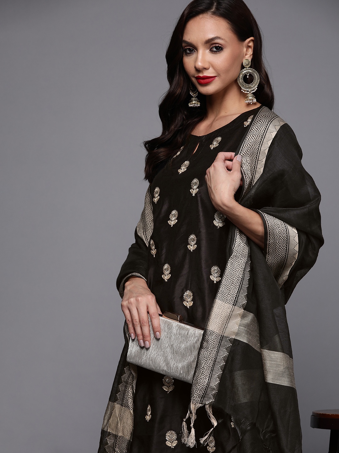 

Indo Era Women Black Embroidered Sequinned Liva Kurta with Palazzos & With Dupatta