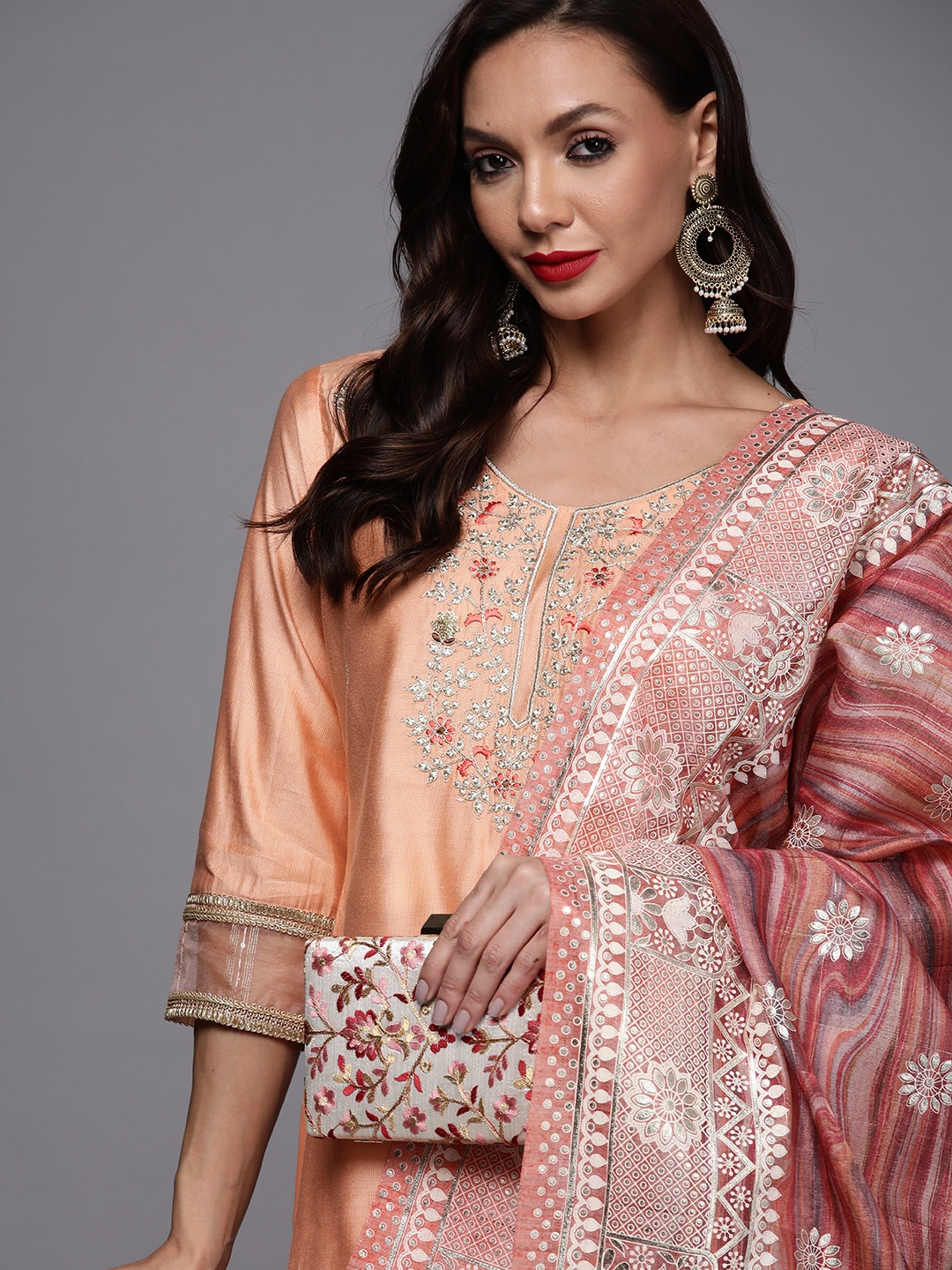 

Indo Era Women Peach-Coloured Yoke Design Sequinned Liva Kurta with Palazzos & Dupatta