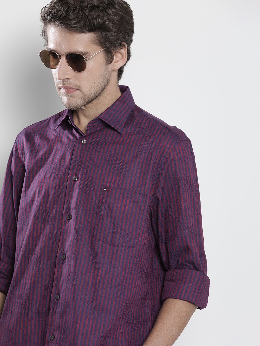

Tommy Hilfiger Men Purple Striped Standard Pure Cotton Casual Shirt
