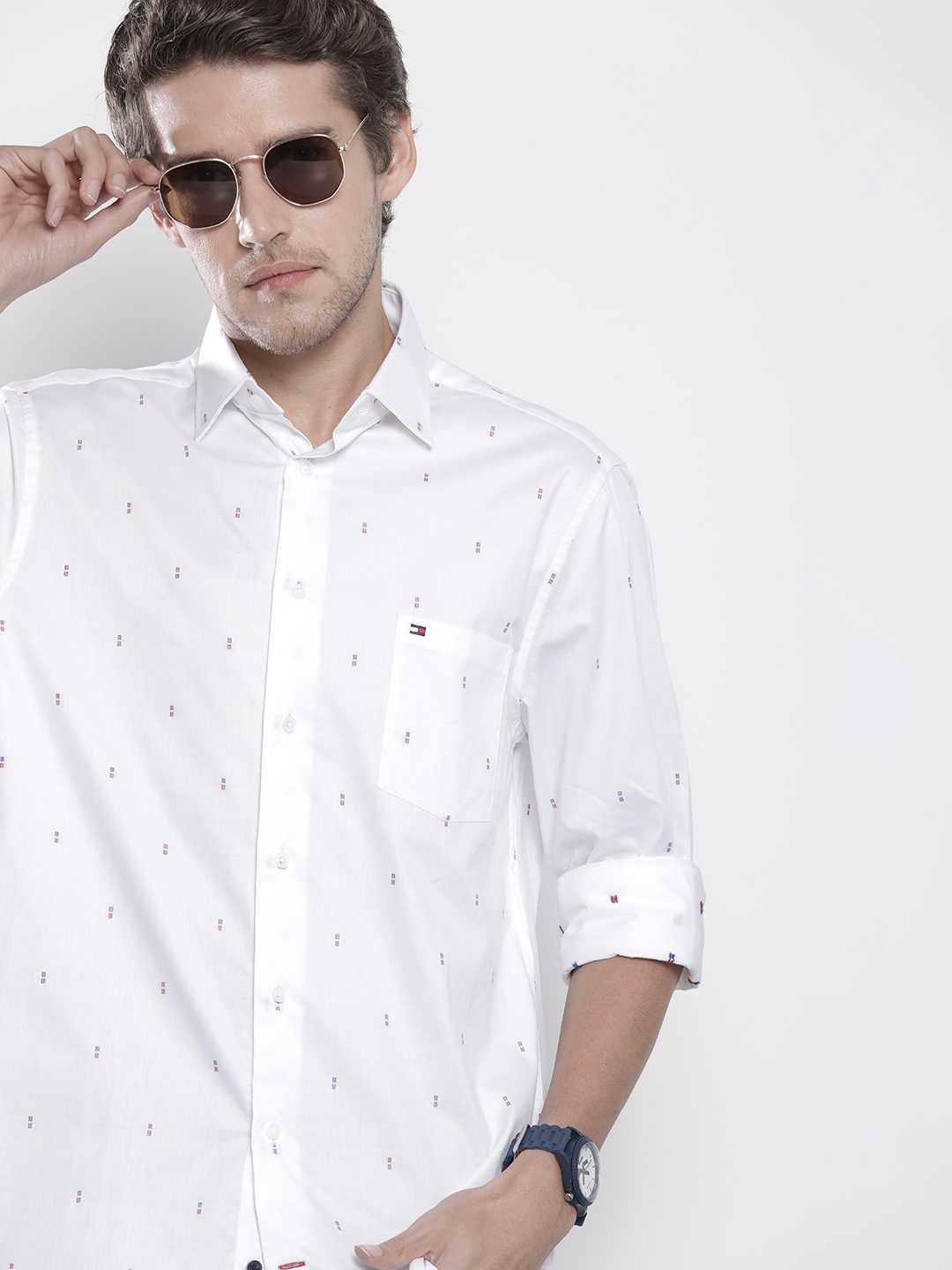 

Tommy Hilfiger Men White Self Design Standard Pure Cotton Casual Shirt
