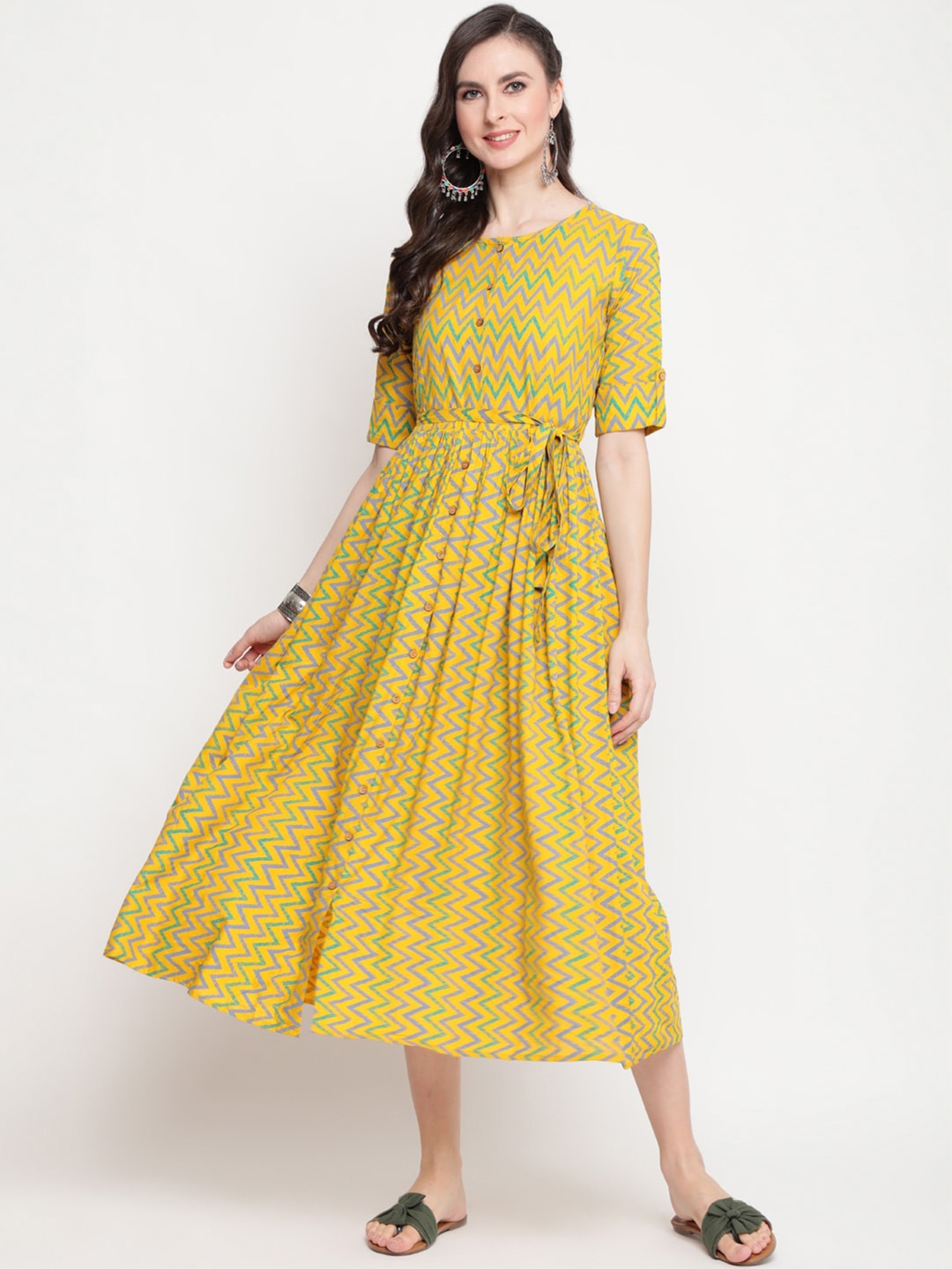 

GULMOHAR JAIPUR Yellow & Purple Ethnic Midi Dress