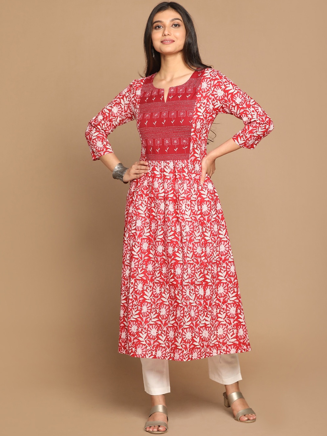 

Earthwear Women Red & Off White Floral Bagru Print Hand Embroidered A-Line Kurta