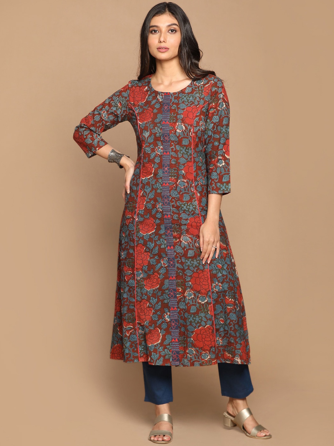 

Earthwear Women Navy Blue & Red Floral Printed Hand Embroidered A-Line Kurta